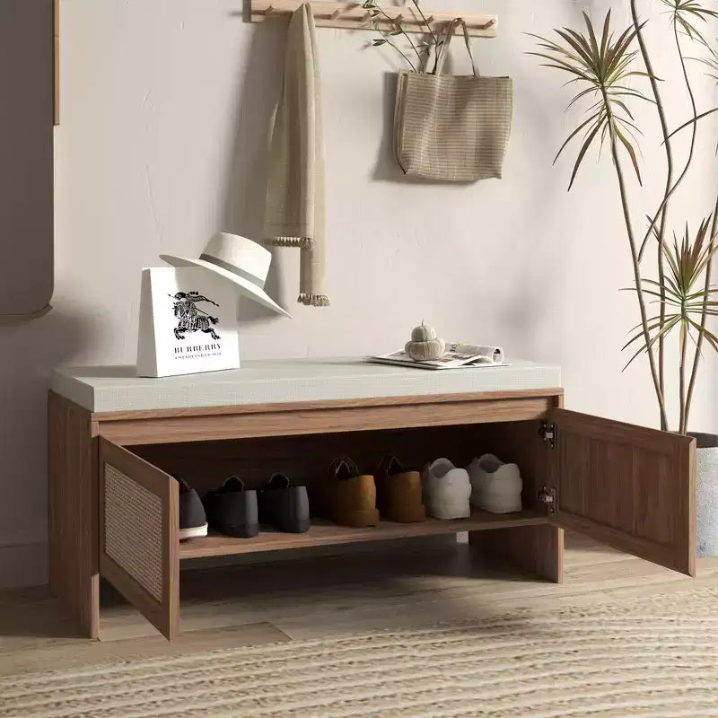 Panca Contenitore in PP Rattan con Cuscino: Scarpiera a 2 Ante, Sedile da Ingresso Moderno di Metà Secolo per Corridoio, Camera da Letto, Sala Fango - Finitura Naturale