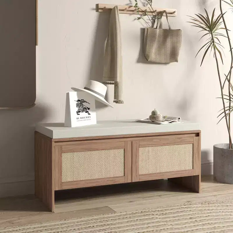 Panca Contenitore in PP Rattan con Cuscino: Scarpiera a 2 Ante, Sedile da Ingresso Moderno di Metà Secolo per Corridoio, Camera da Letto, Sala Fango - Finitura Naturale