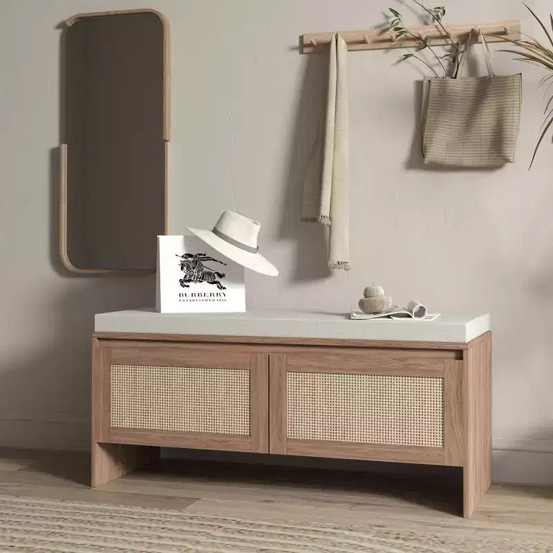 Panca Contenitore in PP Rattan con Cuscino: Scarpiera a 2 Ante, Sedile da Ingresso Moderno di Metà Secolo per Corridoio, Camera da Letto, Sala Fango - Finitura Naturale