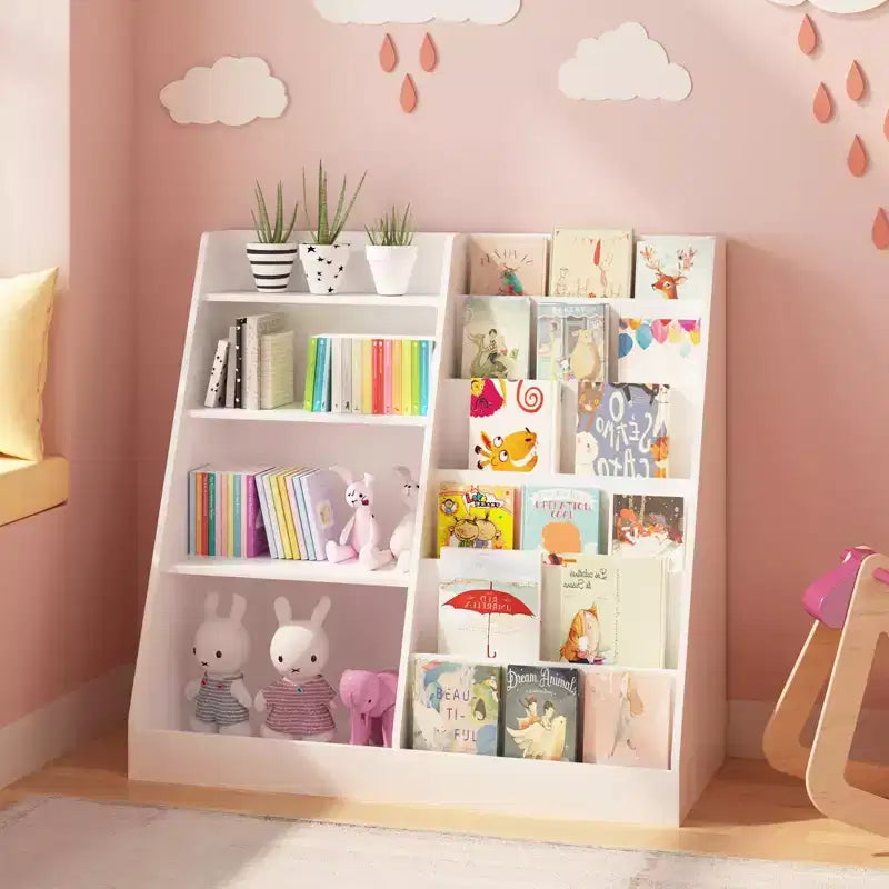 Libreria in Legno per Bambini con Contenitore Giocattoli, Espositore per Libri a Sviluppo Frontale per la Cameretta dei Bambini, Bianco