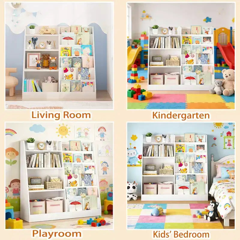 Libreria in Legno per Bambini con Contenitore Giocattoli, Espositore per Libri a Sviluppo Frontale per la Cameretta dei Bambini, Bianco