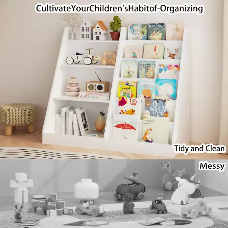 Libreria in Legno per Bambini con Contenitore Giocattoli, Espositore per Libri a Sviluppo Frontale per la Cameretta dei Bambini, Bianco