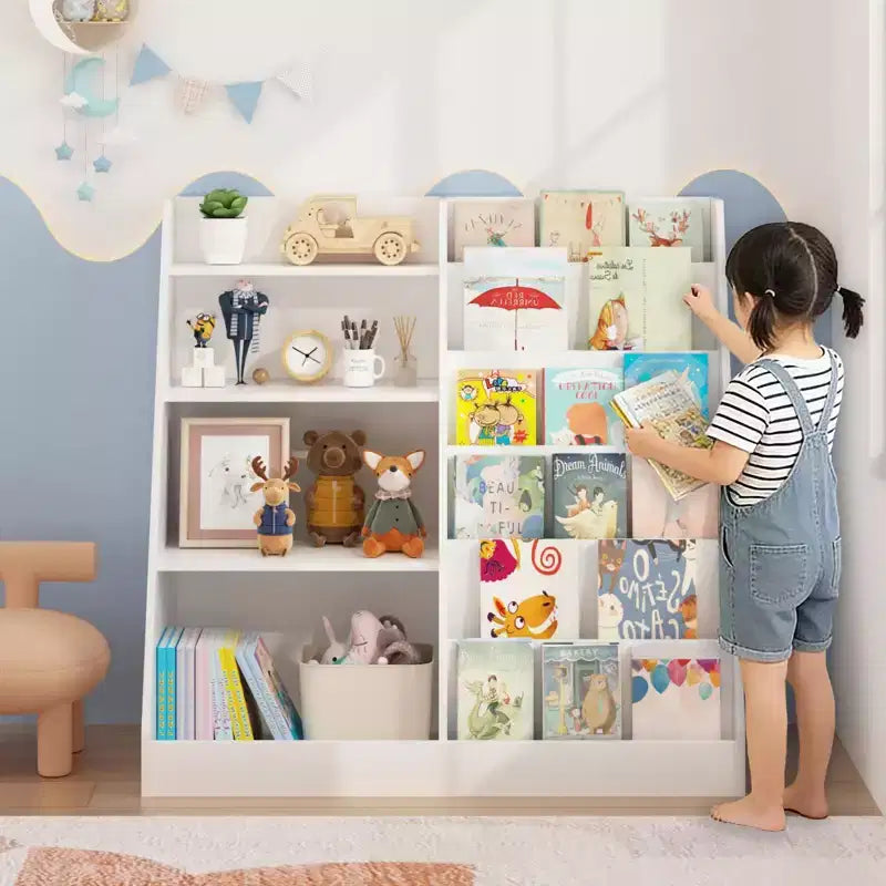 Libreria in Legno per Bambini con Contenitore Giocattoli, Espositore per Libri a Sviluppo Frontale per la Cameretta dei Bambini, Bianco