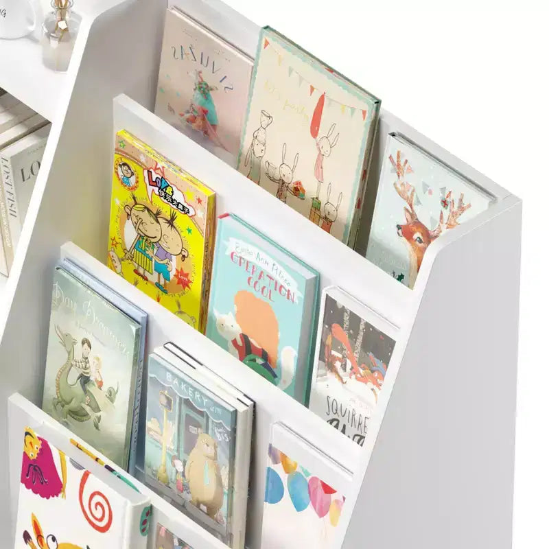 Libreria in Legno per Bambini con Contenitore Giocattoli, Espositore per Libri a Sviluppo Frontale per la Cameretta dei Bambini, Bianco