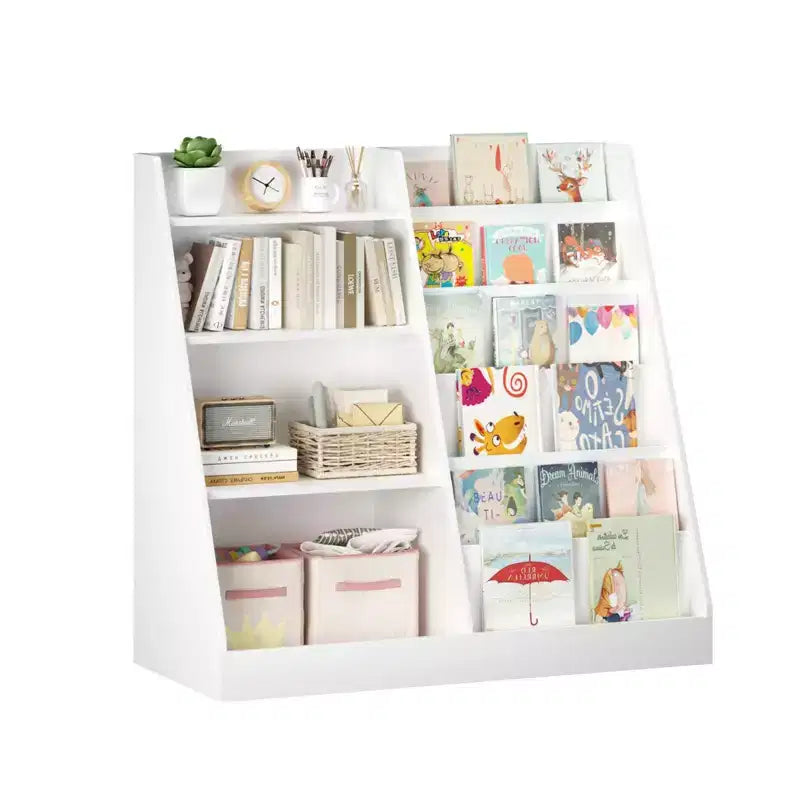 Libreria in Legno per Bambini con Contenitore Giocattoli, Espositore per Libri a Sviluppo Frontale per la Cameretta dei Bambini, Bianco