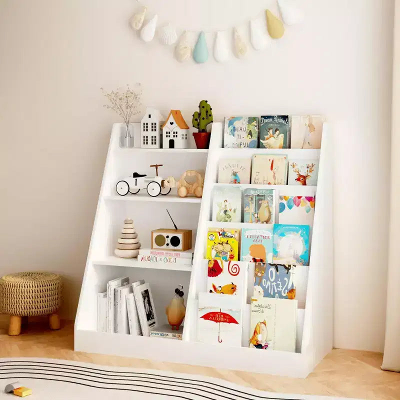 Libreria in Legno per Bambini con Contenitore Giocattoli, Espositore per Libri a Sviluppo Frontale per la Cameretta dei Bambini, Bianco