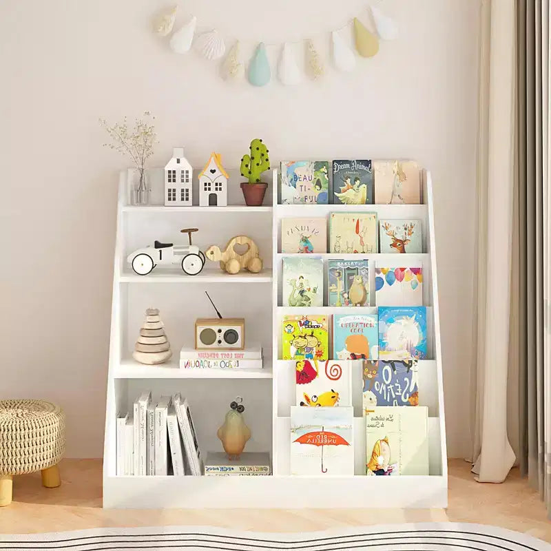 Libreria in Legno per Bambini con Contenitore Giocattoli, Espositore per Libri a Sviluppo Frontale per la Cameretta dei Bambini, Bianco