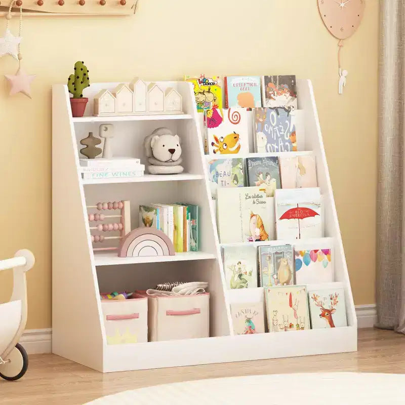 Libreria in Legno per Bambini con Contenitore Giocattoli, Espositore per Libri a Sviluppo Frontale per la Cameretta dei Bambini, Bianco