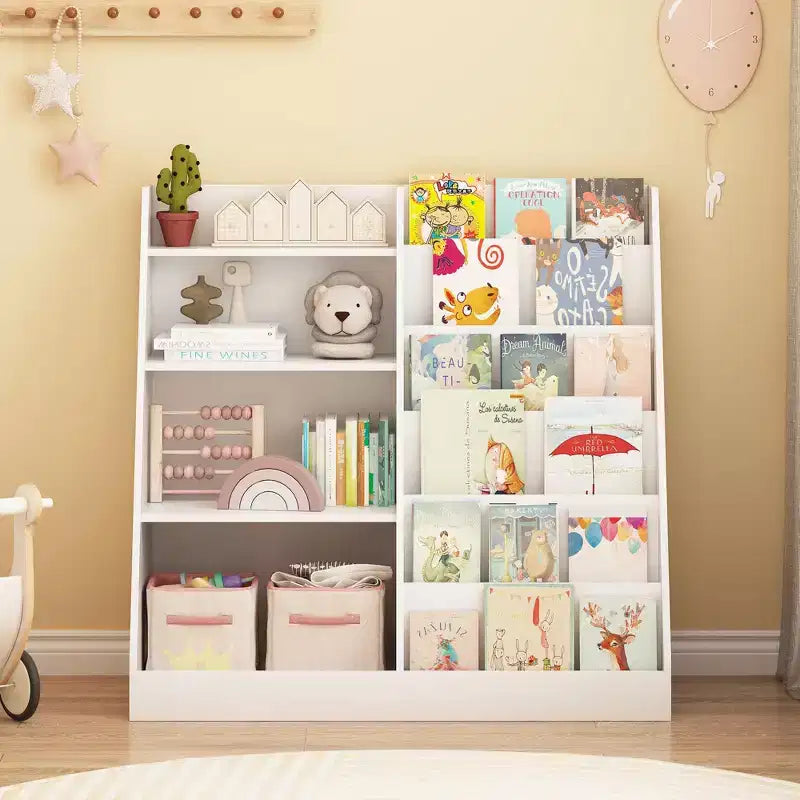 Libreria in Legno per Bambini con Contenitore Giocattoli, Espositore per Libri a Sviluppo Frontale per la Cameretta dei Bambini, Bianco
