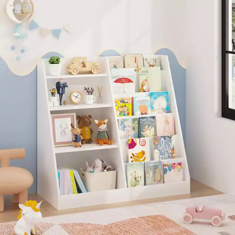 Libreria in Legno per Bambini con Contenitore Giocattoli, Espositore per Libri a Sviluppo Frontale per la Cameretta dei Bambini, Bianco