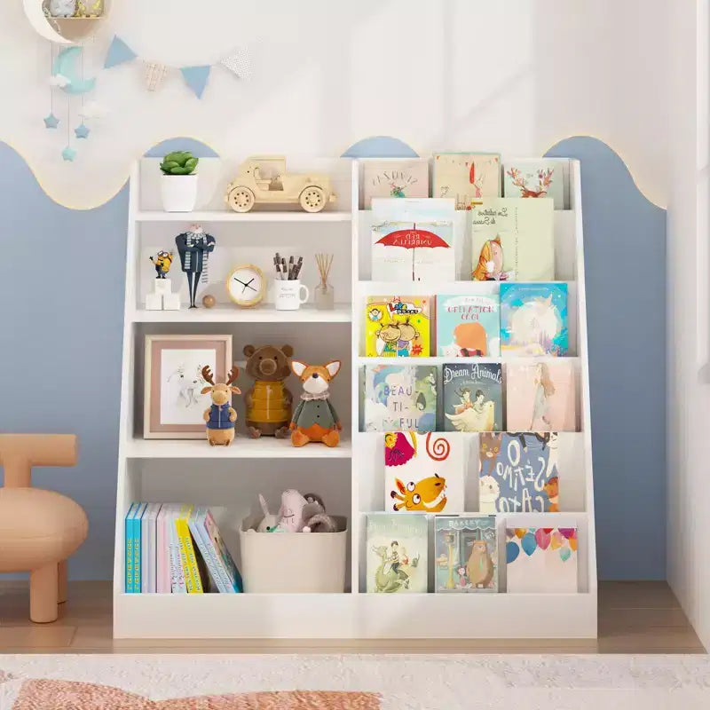 Libreria in Legno per Bambini con Contenitore Giocattoli, Espositore per Libri a Sviluppo Frontale per la Cameretta dei Bambini, Bianco