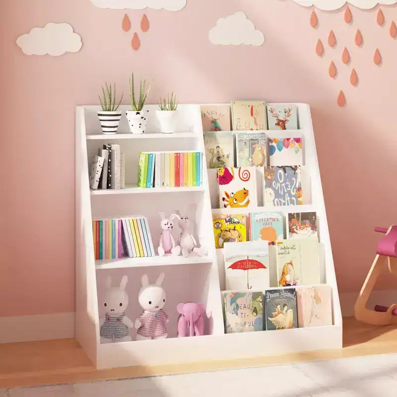 Libreria in Legno per Bambini con Contenitore Giocattoli, Espositore per Libri a Sviluppo Frontale per la Cameretta dei Bambini, Bianco