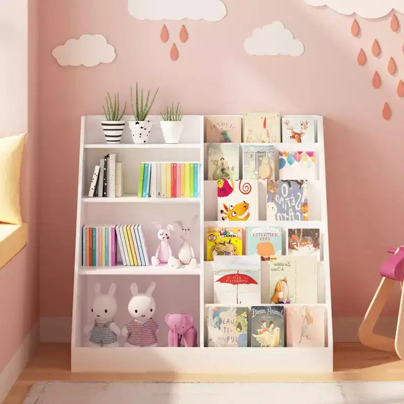 Libreria in Legno per Bambini con Contenitore Giocattoli, Espositore per Libri a Sviluppo Frontale per la Cameretta dei Bambini, Bianco