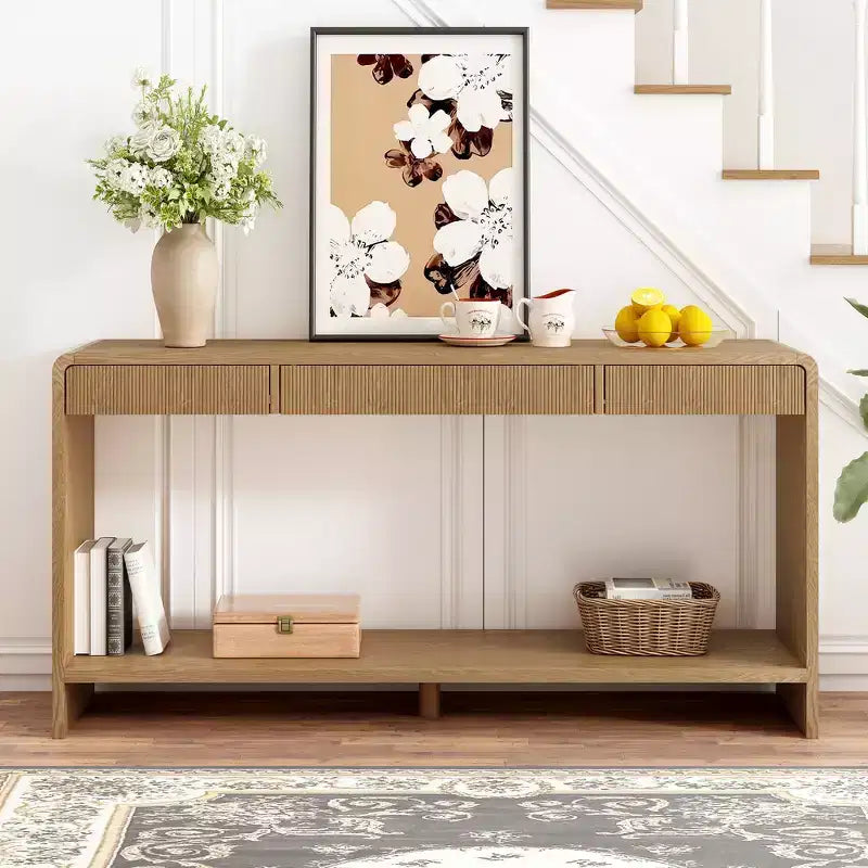 Consolle da ingresso moderna, Tavolo elegante da corridoio, Tavolino da divano sottile con 3 cassetti, doghe verticali, bordo arrotondato