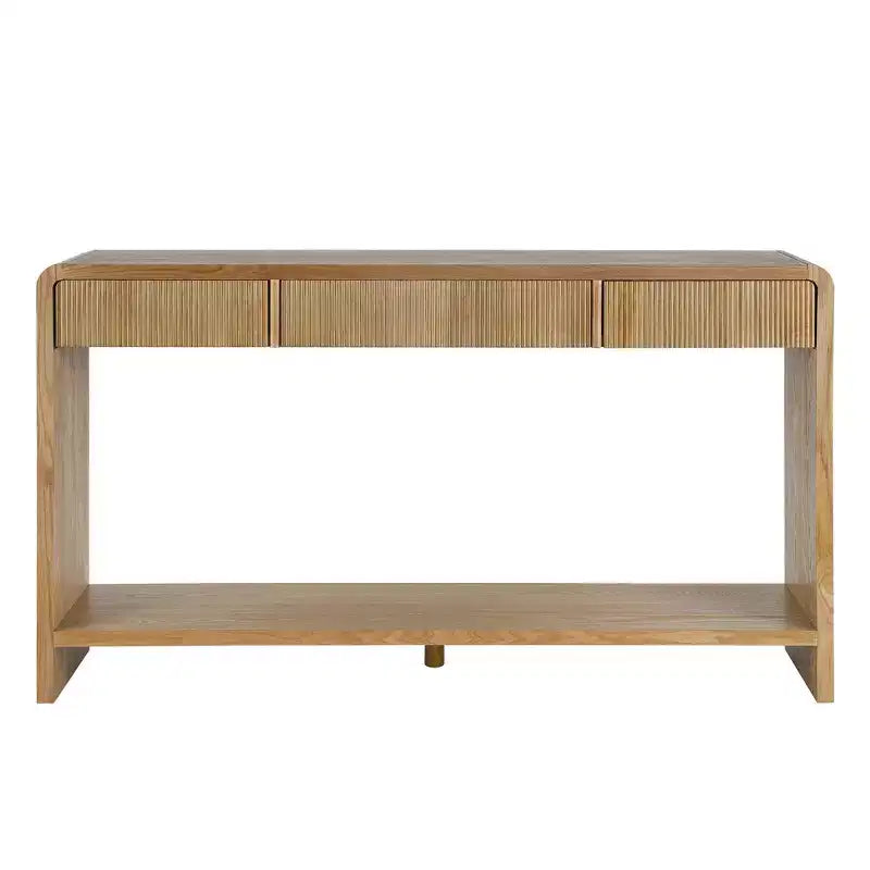 Consolle da ingresso moderna, Tavolo elegante da corridoio, Tavolino da divano sottile con 3 cassetti, doghe verticali, bordo arrotondato