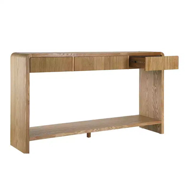 Consolle da ingresso moderna, Tavolo elegante da corridoio, Tavolino da divano sottile con 3 cassetti, doghe verticali, bordo arrotondato