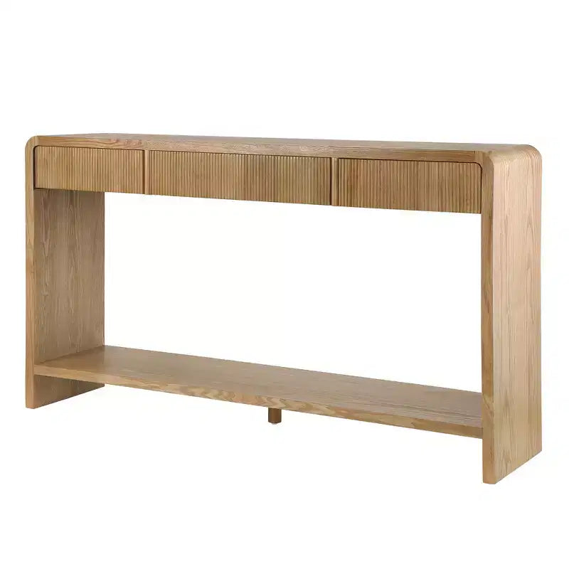 Consolle da ingresso moderna, Tavolo elegante da corridoio, Tavolino da divano sottile con 3 cassetti, doghe verticali, bordo arrotondato