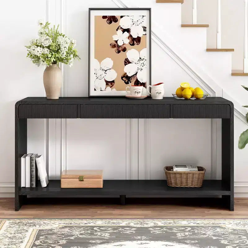 Consolle da ingresso moderna, Tavolo elegante da corridoio, Tavolino da divano sottile con 3 cassetti, doghe verticali, bordo arrotondato