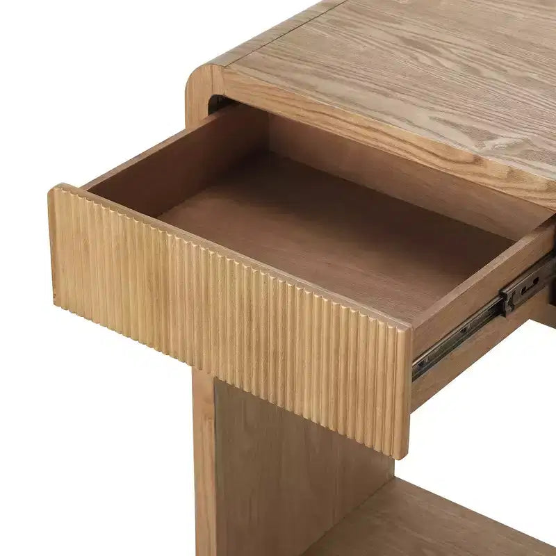 Consolle da ingresso moderna, Tavolo elegante da corridoio, Tavolino da divano sottile con 3 cassetti, doghe verticali, bordo arrotondato