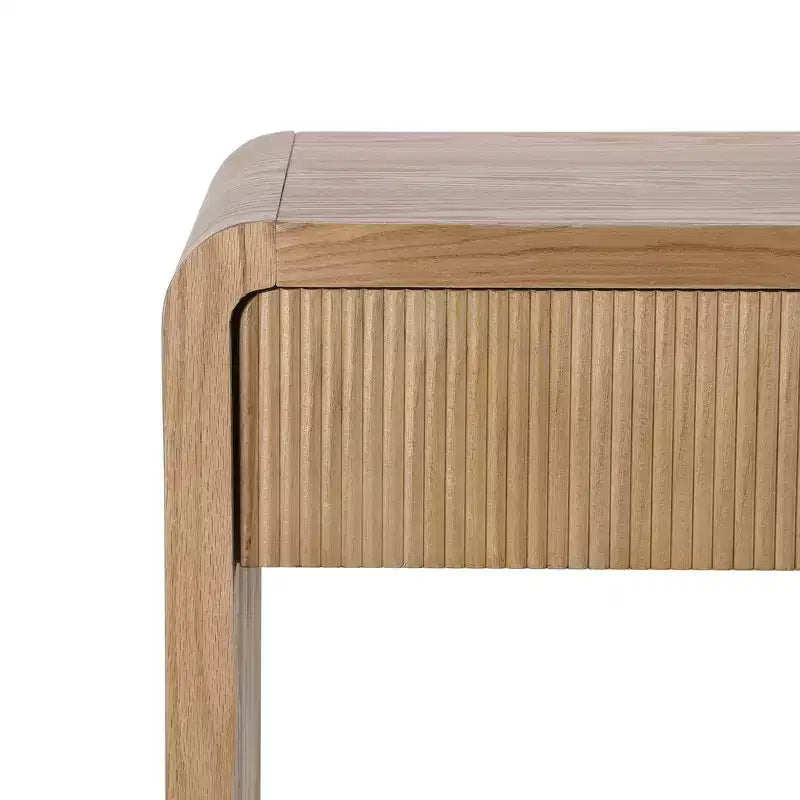 Consolle da ingresso moderna, Tavolo elegante da corridoio, Tavolino da divano sottile con 3 cassetti, doghe verticali, bordo arrotondato