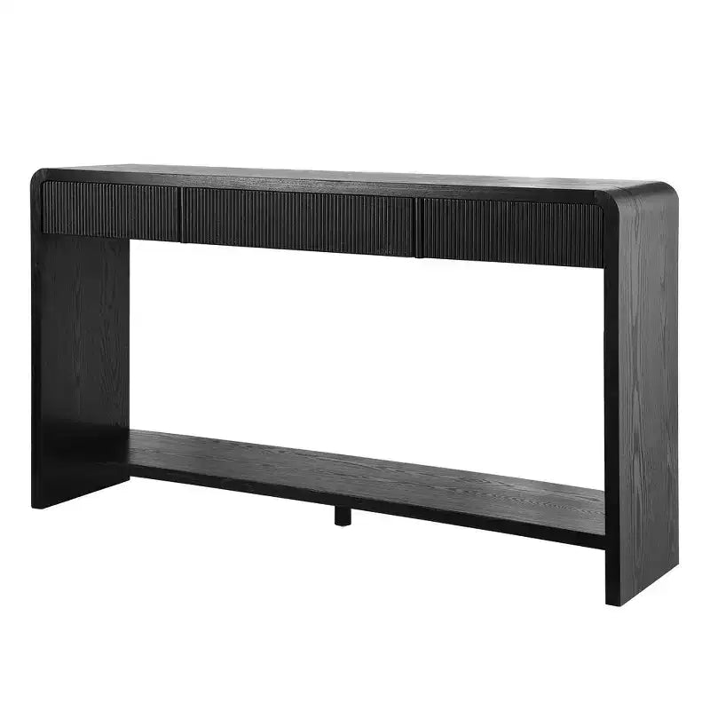 Consolle da ingresso moderna, Tavolo elegante da corridoio, Tavolino da divano sottile con 3 cassetti, doghe verticali, bordo arrotondato