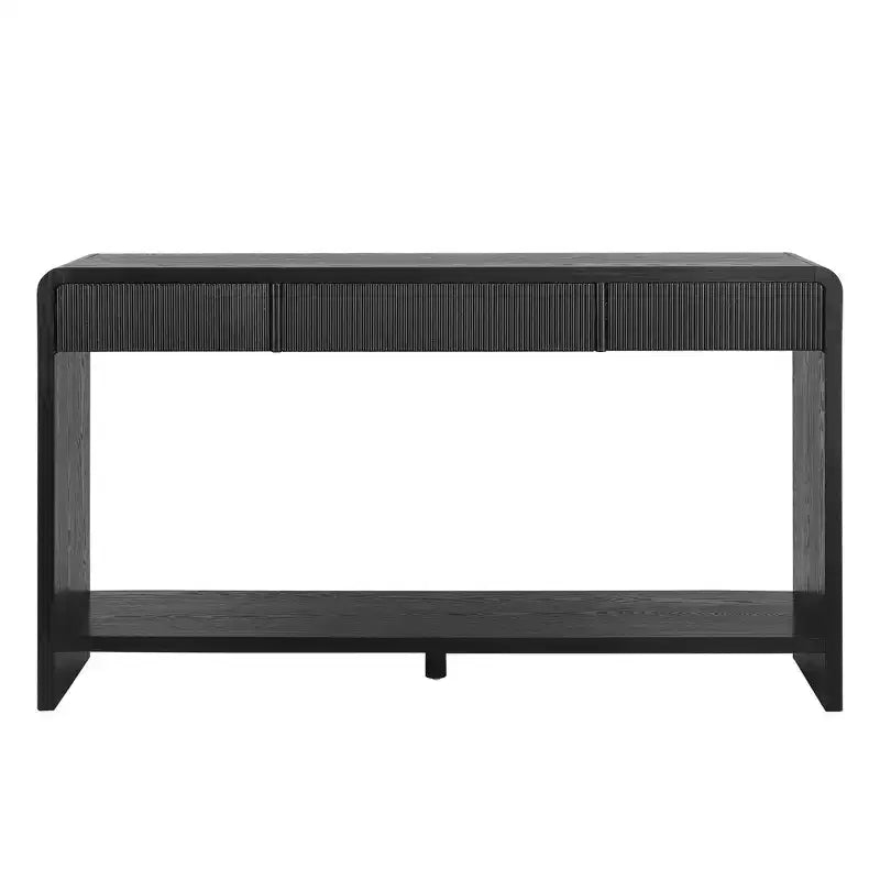 Consolle da ingresso moderna, Tavolo elegante da corridoio, Tavolino da divano sottile con 3 cassetti, doghe verticali, bordo arrotondato