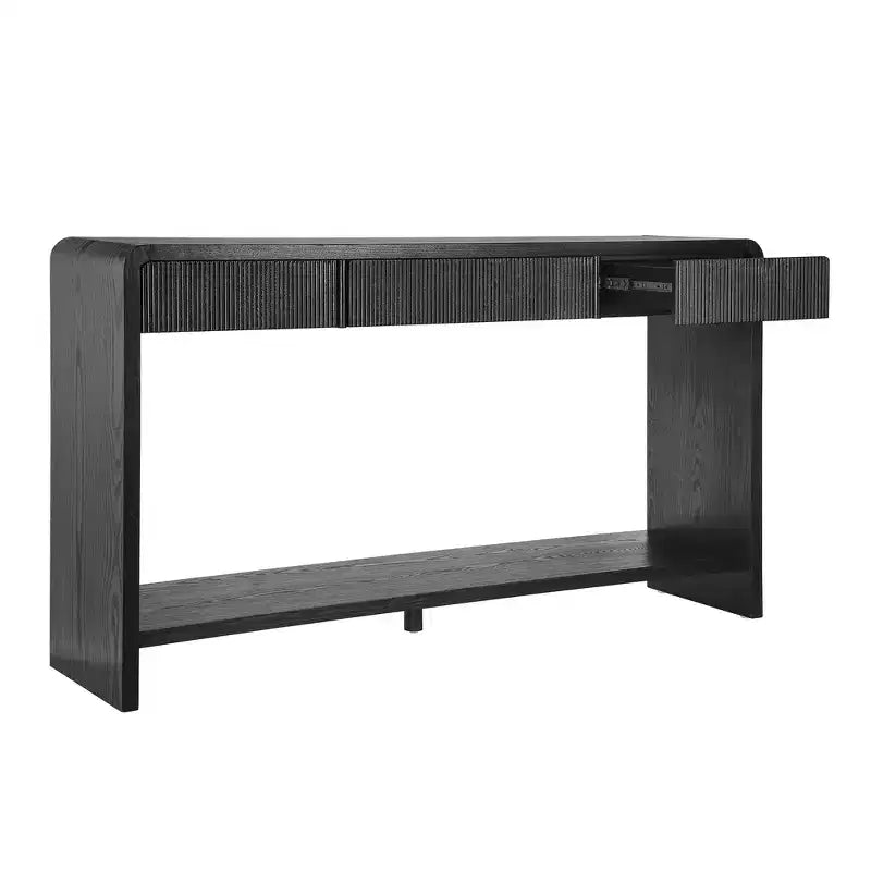 Consolle da ingresso moderna, Tavolo elegante da corridoio, Tavolino da divano sottile con 3 cassetti, doghe verticali, bordo arrotondato