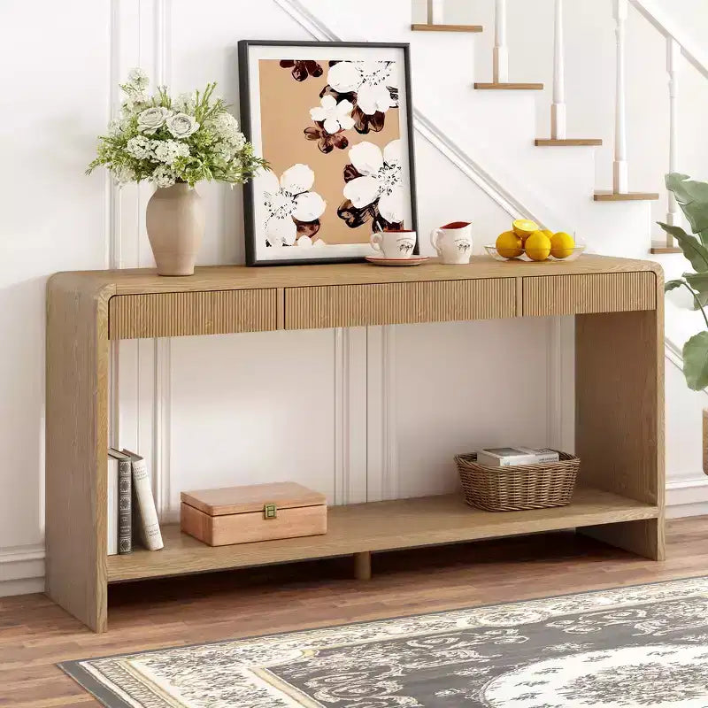 Consolle da ingresso moderna, Tavolo elegante da corridoio, Tavolino da divano sottile con 3 cassetti, doghe verticali, bordo arrotondato