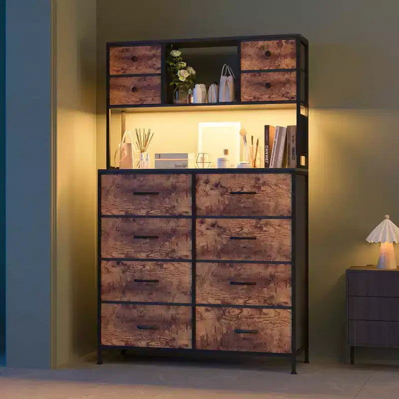 Comò per camera da letto, cassettiera in tessuto con ripiani aperti, piano in legno, organizer con struttura in metallo