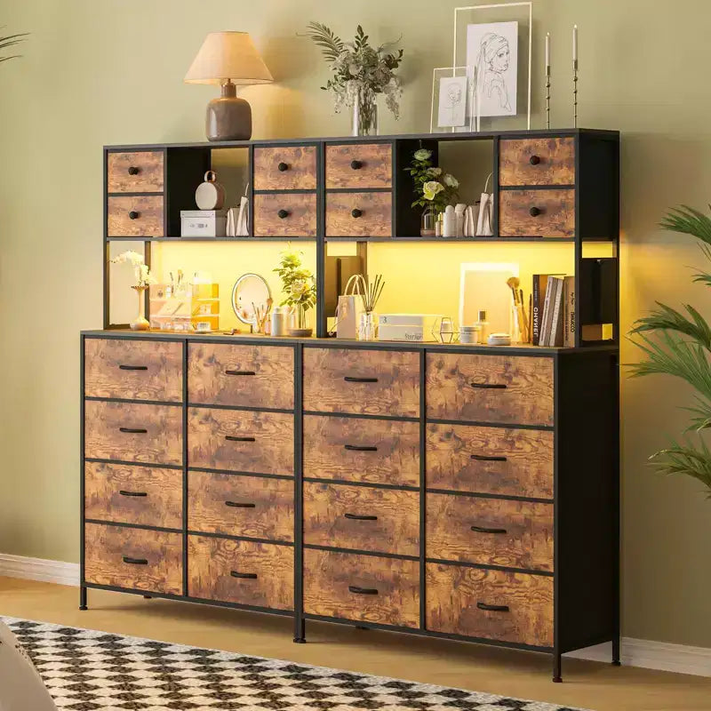 Comò per camera da letto, cassettiera in tessuto con ripiani aperti, piano in legno, organizer con struttura in metallo
