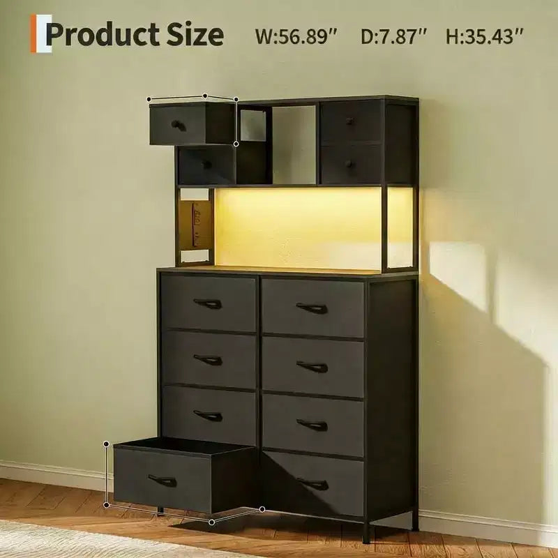 Comò per camera da letto, cassettiera in tessuto con ripiani aperti, piano in legno, organizer con struttura in metallo