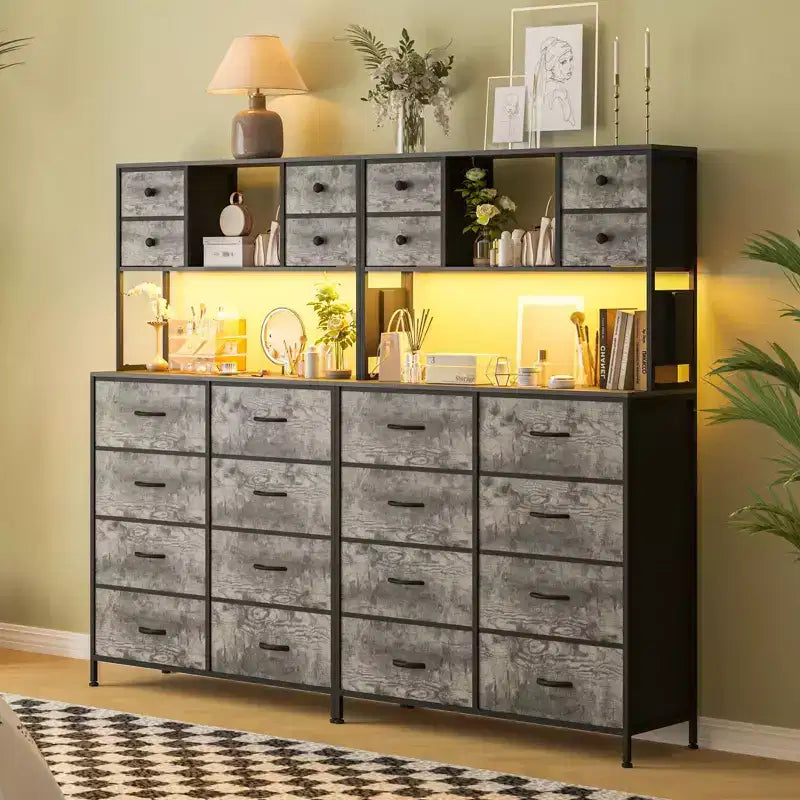 Comò per camera da letto, cassettiera in tessuto con ripiani aperti, piano in legno, organizer con struttura in metallo