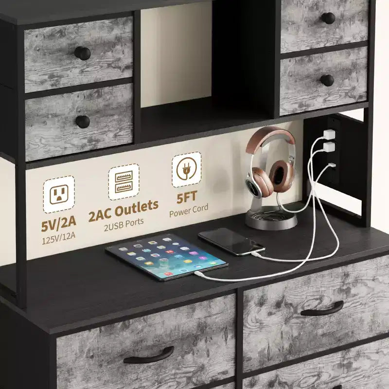 Comò per camera da letto, cassettiera in tessuto con ripiani aperti, piano in legno, organizer con struttura in metallo