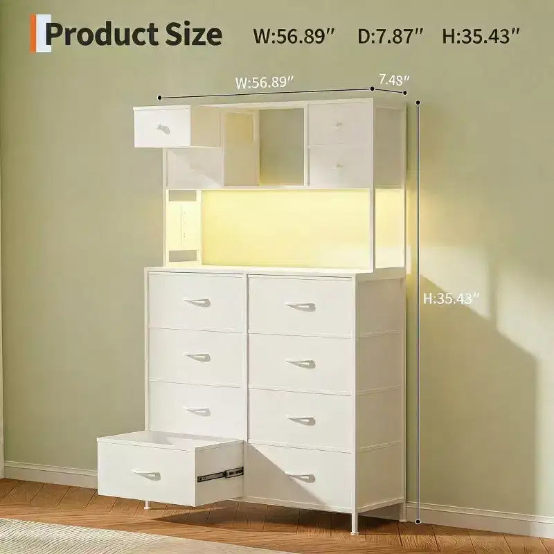 Comò per camera da letto, cassettiera in tessuto con ripiani aperti, piano in legno, organizer con struttura in metallo
