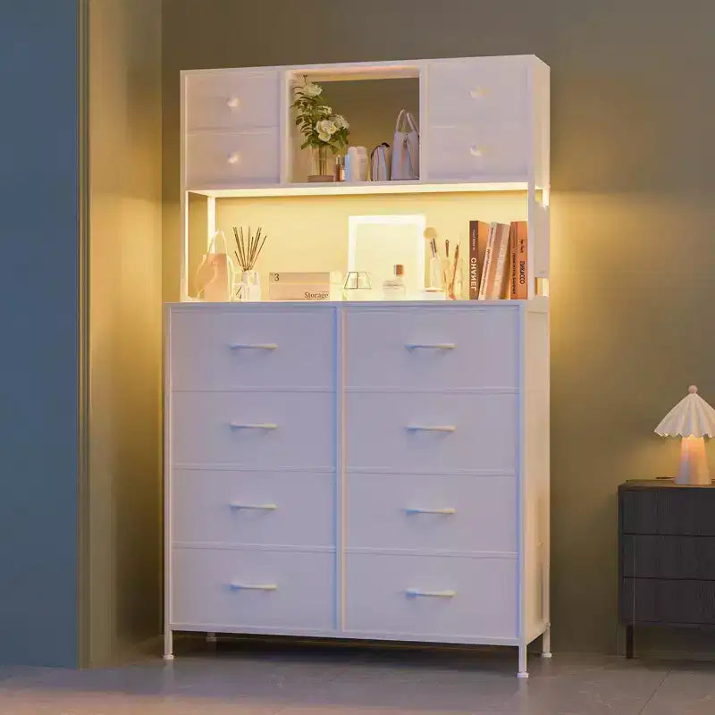 Comò per camera da letto, cassettiera in tessuto con ripiani aperti, piano in legno, organizer con struttura in metallo