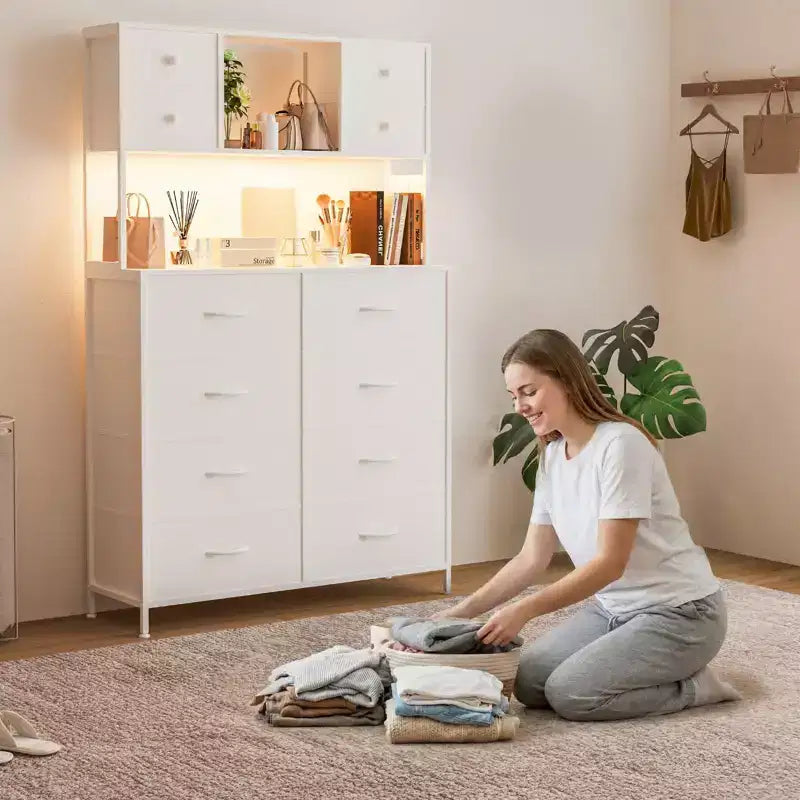 Comò per camera da letto, cassettiera in tessuto con ripiani aperti, piano in legno, organizer con struttura in metallo