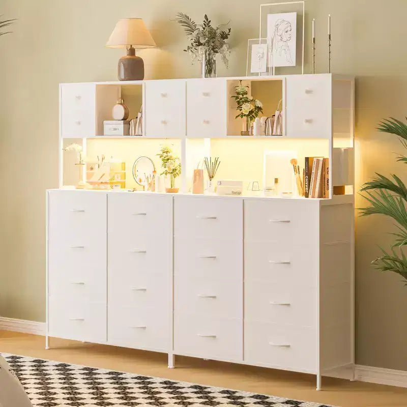 Comò per camera da letto, cassettiera in tessuto con ripiani aperti, piano in legno, organizer con struttura in metallo
