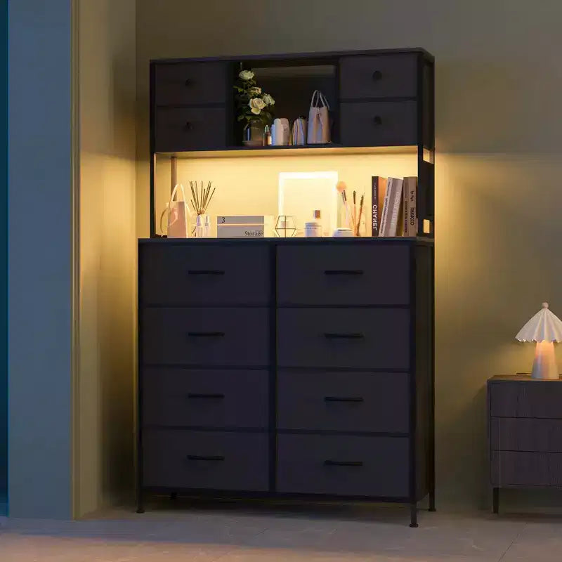 Comò per camera da letto, cassettiera in tessuto con ripiani aperti, piano in legno, organizer con struttura in metallo