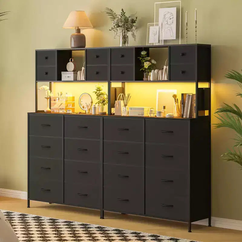 Comò per camera da letto, cassettiera in tessuto con ripiani aperti, piano in legno, organizer con struttura in metallo
