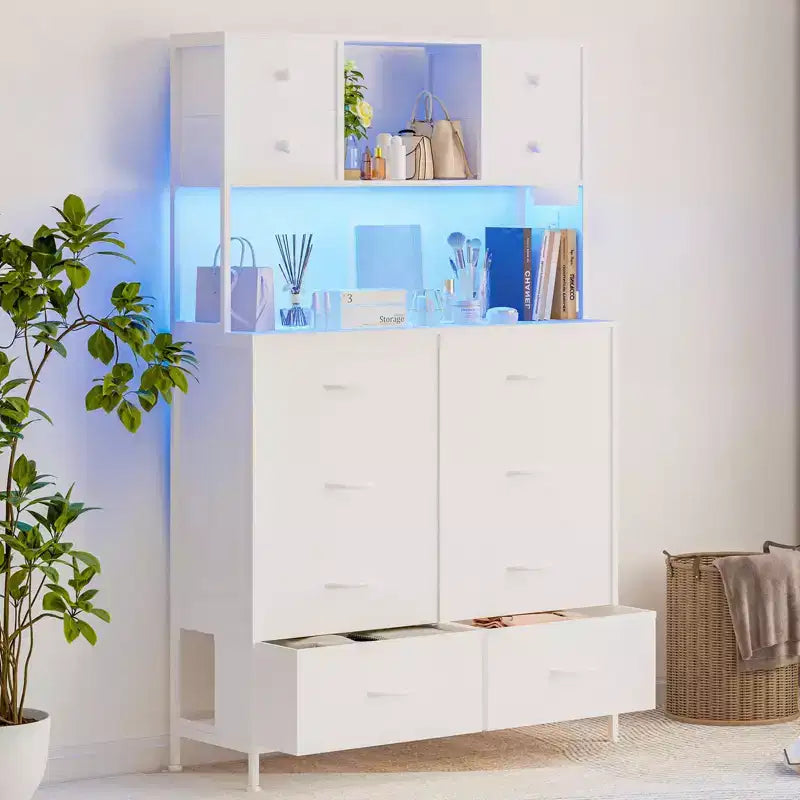 Comò per camera da letto, cassettiera in tessuto con ripiani aperti, piano in legno, organizer con struttura in metallo