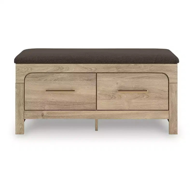 Panca contenitore da camera con seduta imbottita, 2 cassetti, finitura in legno marrone chiaro e rivestimento in tessuto marrone