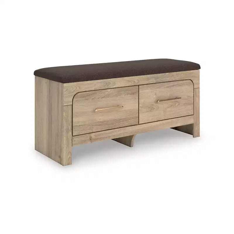 Panca contenitore da camera con seduta imbottita, 2 cassetti, finitura in legno marrone chiaro e rivestimento in tessuto marrone