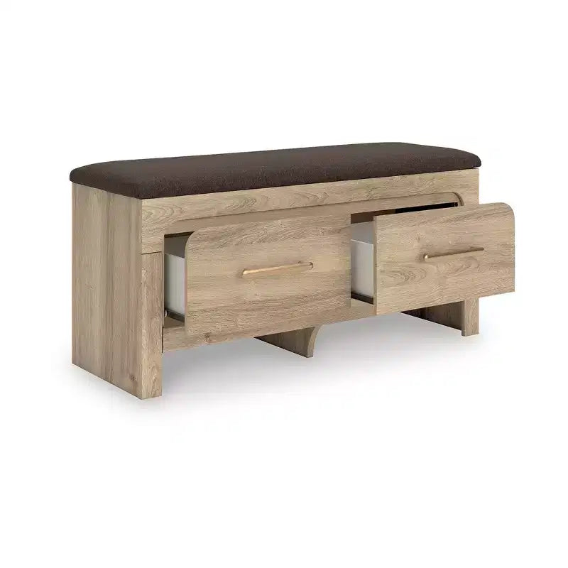 Panca contenitore da camera con seduta imbottita, 2 cassetti, finitura in legno marrone chiaro e rivestimento in tessuto marrone