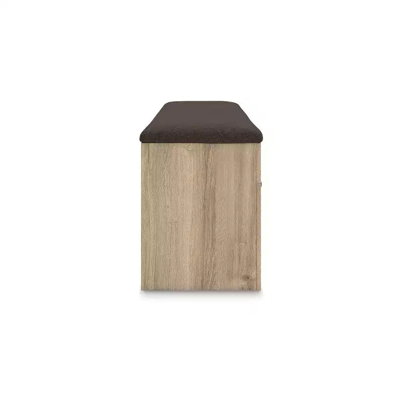 Panca contenitore da camera con seduta imbottita, 2 cassetti, finitura in legno marrone chiaro e rivestimento in tessuto marrone