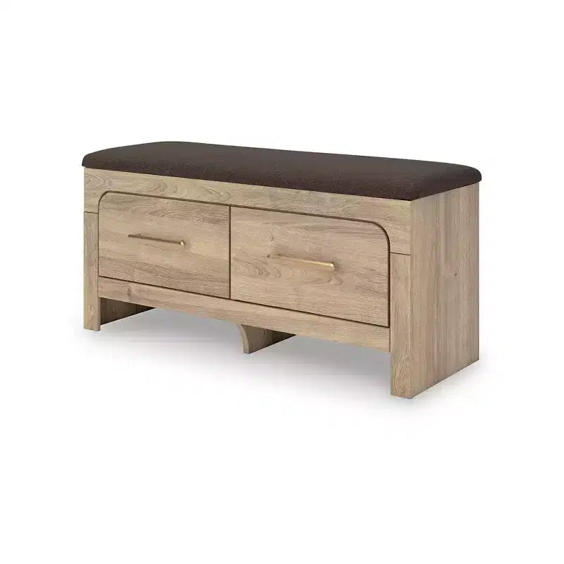 Panca contenitore da camera con seduta imbottita, 2 cassetti, finitura in legno marrone chiaro e rivestimento in tessuto marrone