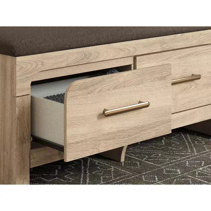 Panca contenitore da camera con seduta imbottita, 2 cassetti, finitura in legno marrone chiaro e rivestimento in tessuto marrone