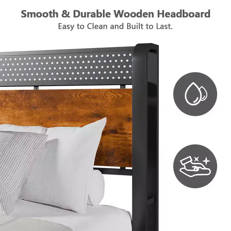 Struttura letto matrimoniale Queen in stile industriale con stazione di ricarica, testiera in legno rustico con contenitore, luci LED, piattaforma in metallo, porte USB e supporto per carichi pesanti