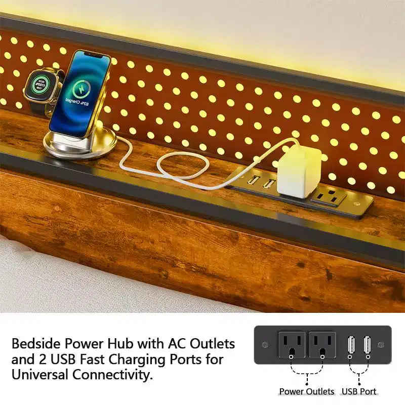 Struttura letto matrimoniale Queen in stile industriale con stazione di ricarica, testiera in legno rustico con contenitore, luci LED, piattaforma in metallo, porte USB e supporto per carichi pesanti
