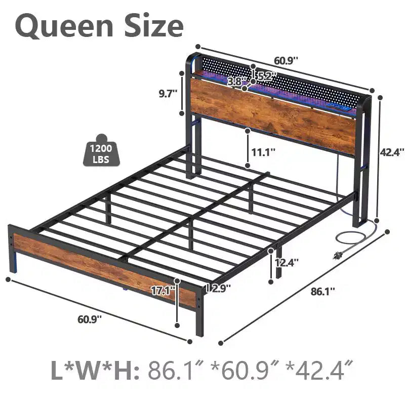 Struttura letto matrimoniale Queen in stile industriale con stazione di ricarica, testiera in legno rustico con contenitore, luci LED, piattaforma in metallo, porte USB e supporto per carichi pesanti
