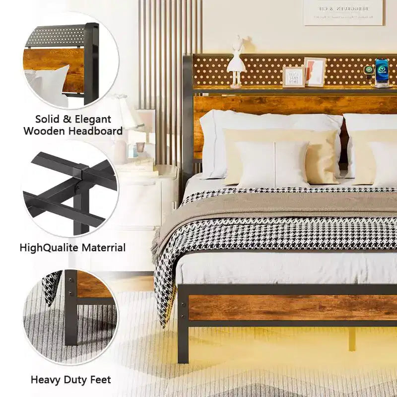 Struttura letto matrimoniale Queen in stile industriale con stazione di ricarica, testiera in legno rustico con contenitore, luci LED, piattaforma in metallo, porte USB e supporto per carichi pesanti